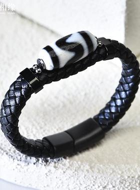 高级皮质手环男女同款复古虎牙天珠二眼玛瑙手链情侣小众饰品手镯