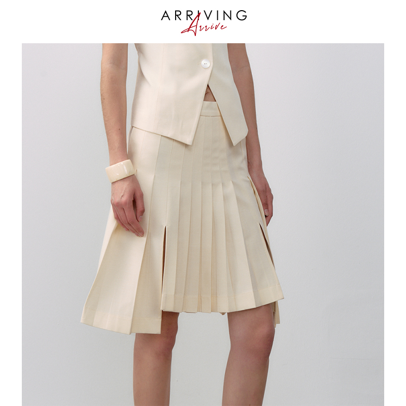 法式不对称开叉设计百褶裙半裙