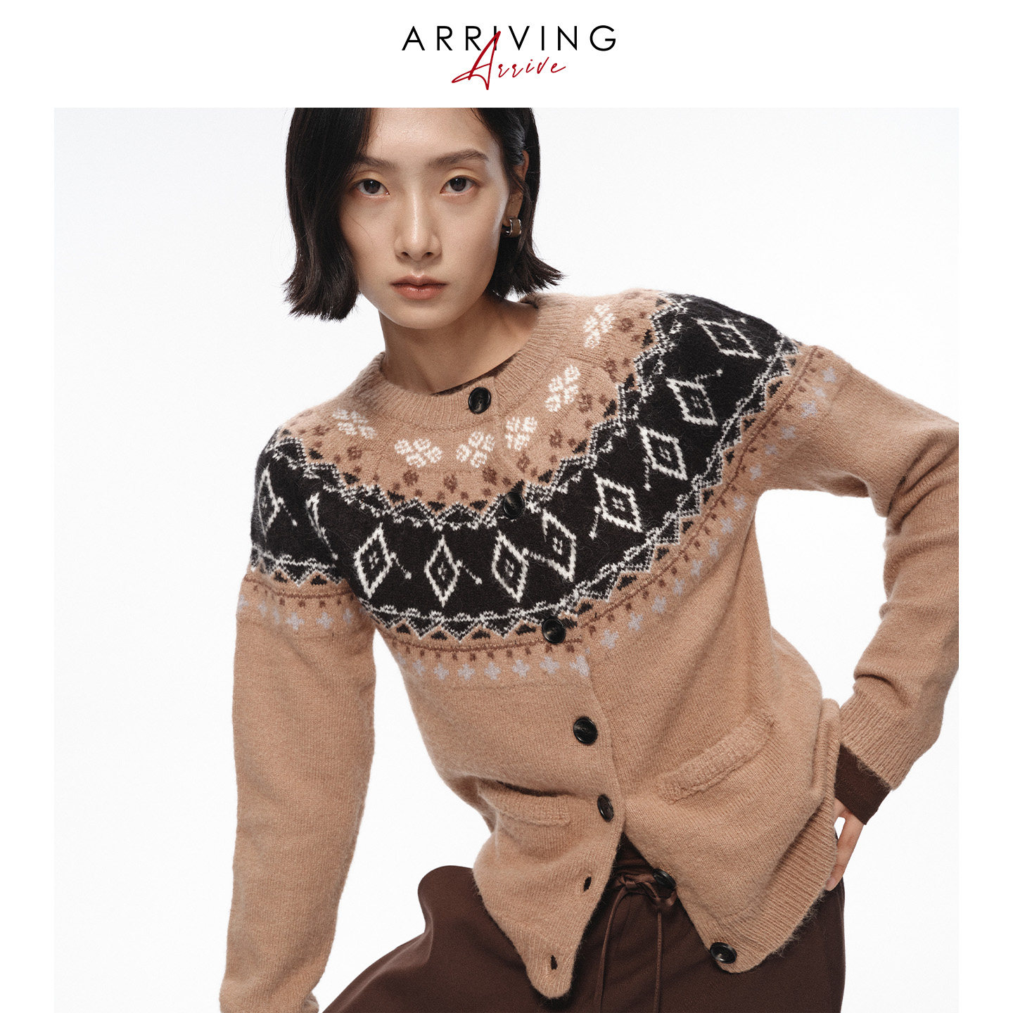 Arriving Arrive 复古费尔岛冬季羊毛慵懒针织长袖毛衣开衫外套