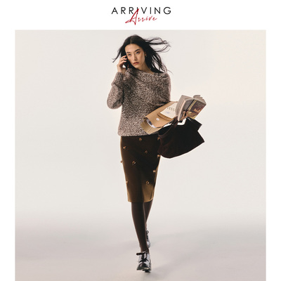 Arriving Arrive 复古优雅珠片绣顺色腰头醋酸修身显瘦半身短裙