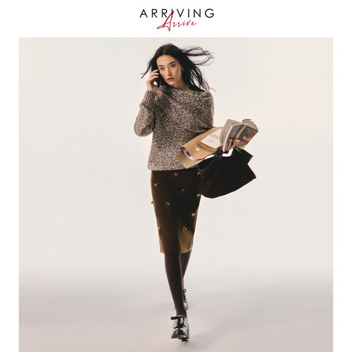 Arriving Arrive 复古优雅珠片绣顺色腰头醋酸修身显瘦半身短裙