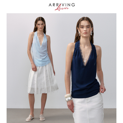 ArrivingArrive 优雅法式浪漫蕾丝挂脖背心深V领性感纯欲无袖上衣