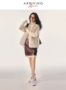 Arriving Arrive 秋冬复古pu皮拼接蕾丝花朵刺绣半身裙中裙子女