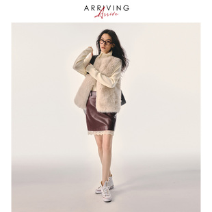 Arriving Arrive 秋冬复古pu皮拼接蕾丝花朵刺绣半身裙中裙子女