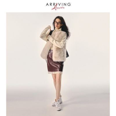 Arriving Arrive 秋冬复古pu皮拼接蕾丝花朵刺绣半身裙中裙子女