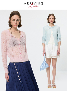 ArrivingArrive度假风绞花绑带开衫女复古马海毛镂空薄款针织上衣