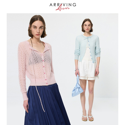 ArrivingArrive度假风绞花绑带开衫女复古马海毛镂空薄款针织上衣