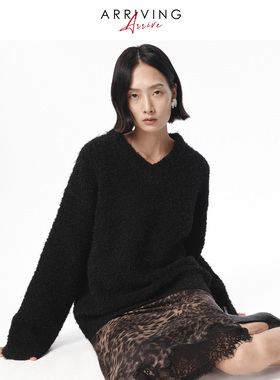 Arriving Arrive 时髦百搭V领黑色圈圈纱慵懒针织内搭毛衣上衣