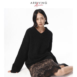 Arriving Arrive 时髦百搭V领黑色圈圈纱慵懒针织内搭毛衣上衣