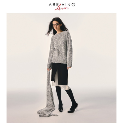 Arriving Arrive 法式优雅羊毛柔软圆领宽松针织三角巾上衣套装