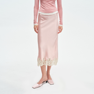 ArrivingArrive 蕾丝拼接半身裙女新款中长款缎面a字裙鱼尾裙