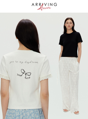 Arriving Arrive蝴蝶结印花短袖T恤夏季新款正肩修身蕾丝拼接上衣