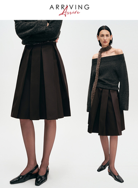 Arriving Arrive 早秋新款压皱a字黑色半身裙女秋冬中长款百褶裙