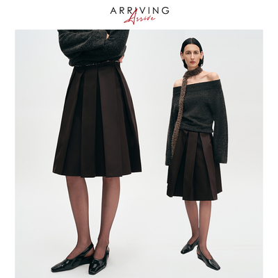 ARRIVING毛边腰头光泽百褶半裙