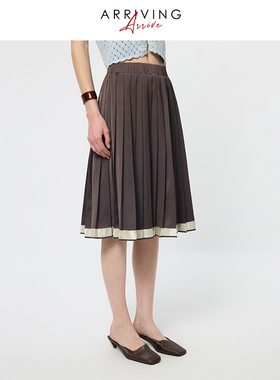 ArrivingArrive 拼接撞色中长款半身裙女百搭显瘦花边百褶裙A字裙