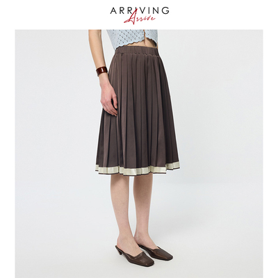 ArrivingArrive 拼接撞色中长款半身裙女百搭显瘦花边百褶裙A字裙