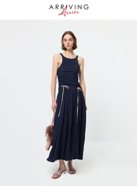 ArrivingArrive 抽褶无袖连衣裙女春夏新款法式长裙度假风蓬蓬裙