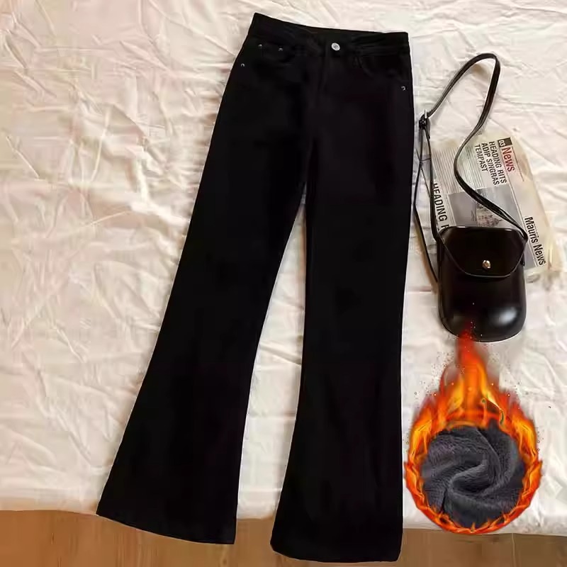加绒加厚黑色喇叭牛仔裤女秋冬装矮小个子百搭修身高腰微喇拖地裤