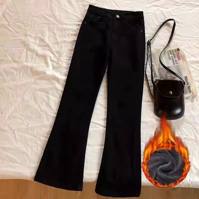 加绒加厚黑色喇叭牛仔裤女秋冬装矮小个子百搭修身高腰微喇拖地裤
