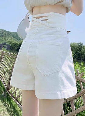 薄款白色超高腰阔腿牛仔短裤女宽松显瘦排扣设计感小众a字热裤夏