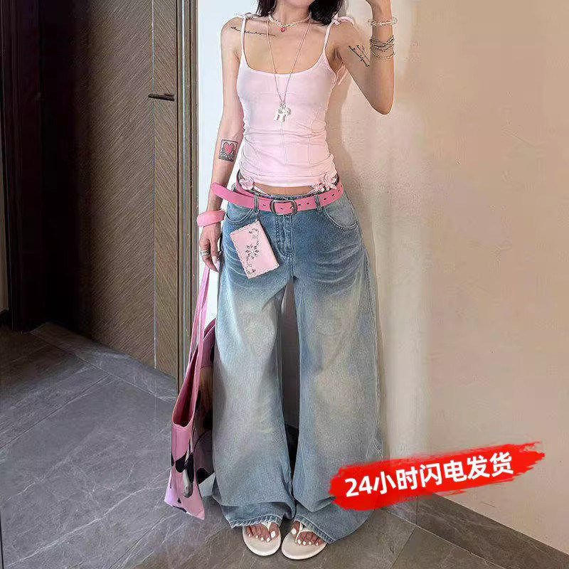 美式浅蓝色低腰阔腿牛仔裤女水洗折痕宽松显瘦垂感拖地弯刀裤子夏