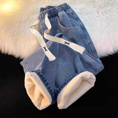 松紧腰直筒冬季加绒冬季牛仔裤女