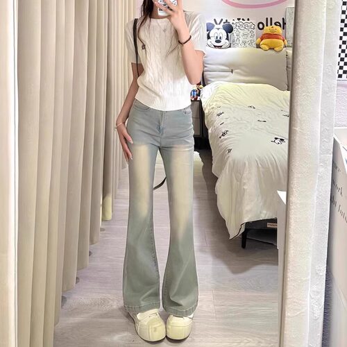 春夏2025新款黄泥染微喇叭牛仔裤女高腰显瘦修身辣妹弹力马蹄裤子