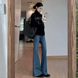 加绒加厚复古蓝微喇叭牛仔裤女秋冬款修身显瘦垂感保暖拖地马蹄裤