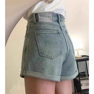 浅色卷边高腰牛仔短裤 女大码 胖mm梨形身材a字宽松设计感阔腿热裤