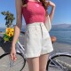 薄款 辣妹卷边a字热裤 夏天白色超高腰阔腿牛仔短裤 女排扣显瘦新款