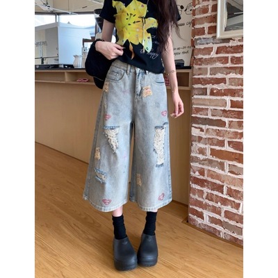大码胖mm破洞七分牛仔短裤女薄款小熊刺绣美式设计感宽松阔腿裤夏