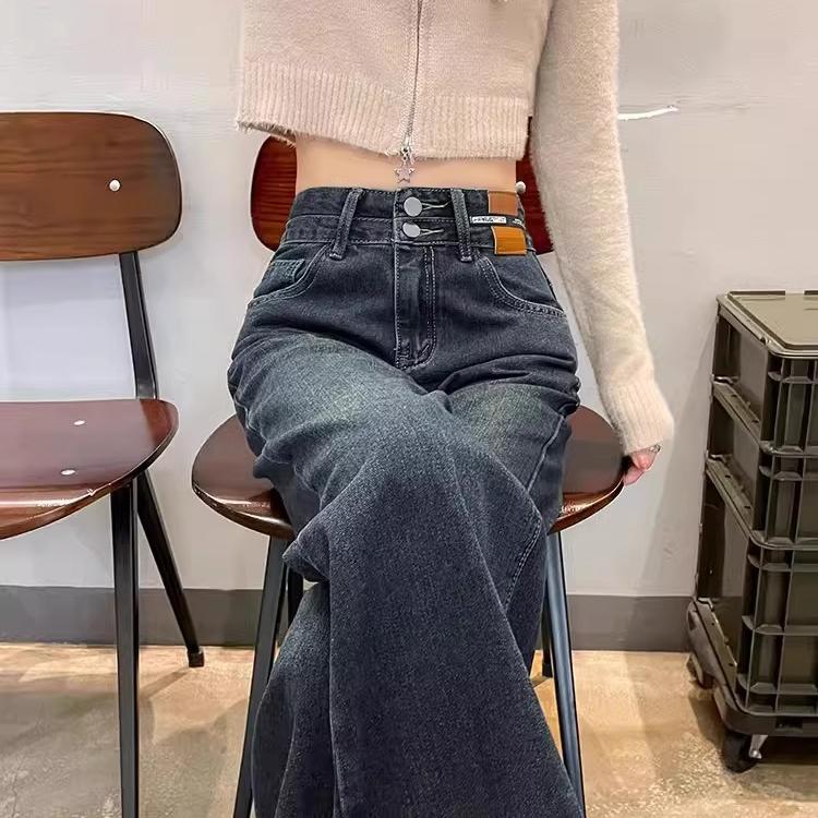 窄版拖地牛仔裤女加绒水泥灰