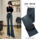 弹力高腰显瘦拖地微喇牛仔裤 加绒加厚水泥灰喇叭裤 女初冬2023新款