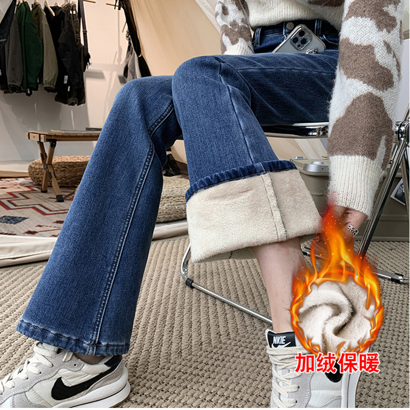复古加绒加厚微喇牛仔裤女高腰修身显瘦梨形垂感拖地保暖马蹄裤冬
