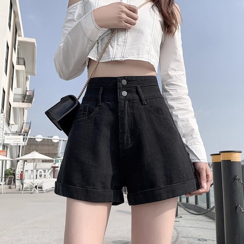 黑色薄款夏牛仔短裤女a字卷边