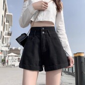 女卷边a字显瘦小众设计感阔腿热裤 夏2024年薄款 黑色高腰牛仔短裤