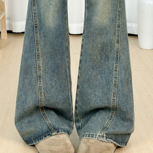 设计感弹力显瘦垂感百搭马蹄裤 女春夏薄款 铆钉高腰微喇牛仔裤 美式