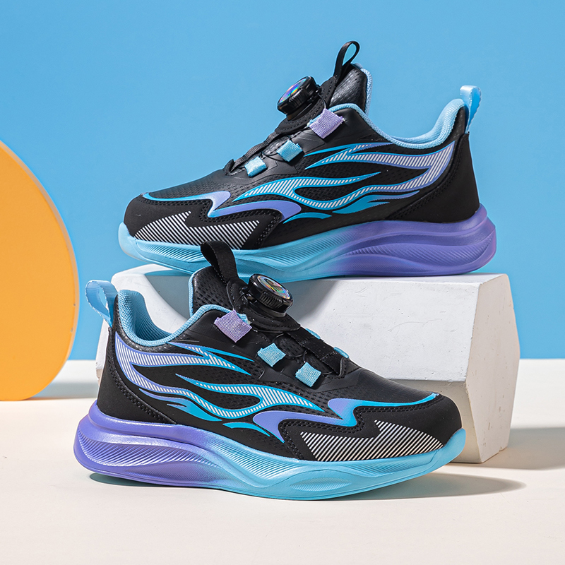 男童鞋子儿童旋转纽扣运动鞋2025秋冬新款皮面防水男孩跑步鞋透气