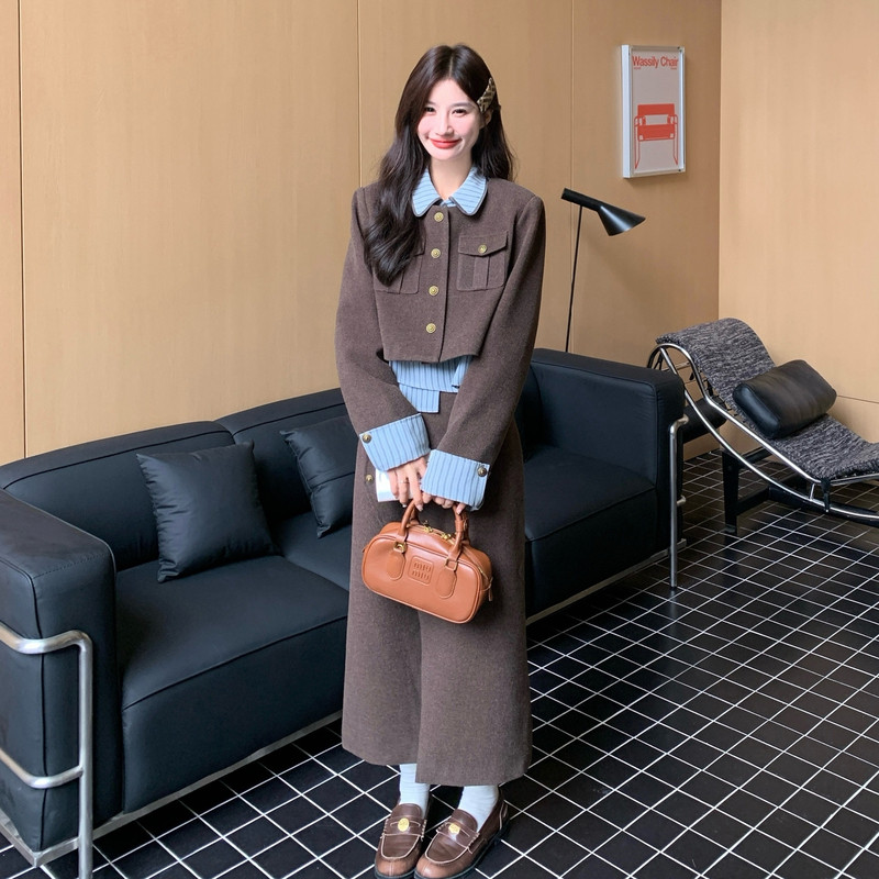 缪系穿搭条纹衬衫毛呢外套半身裙套装女秋冬新款法式高级感三件套,女装套装/套裙,浙宝293