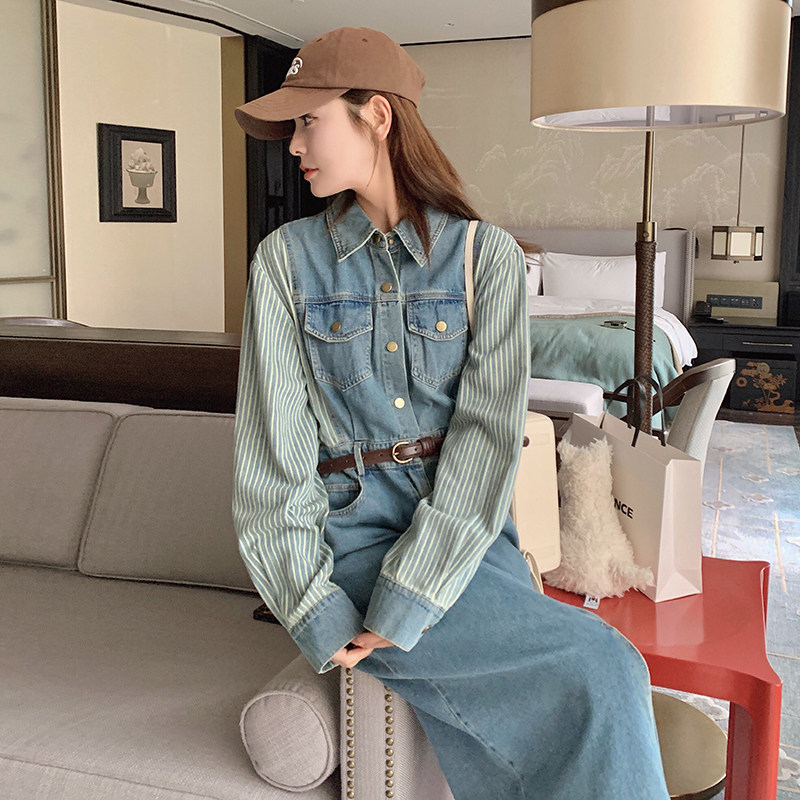 韩系甜美条纹衬衫拼接连衣裙女2025春秋季新款收腰显瘦牛仔长裙子,女装连衣裙,浙宝293