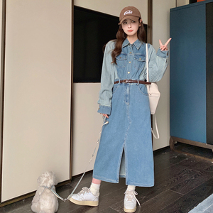 韩系甜美条纹衬衫拼接连衣裙女2025春秋季新款收腰显瘦牛仔长裙子图片