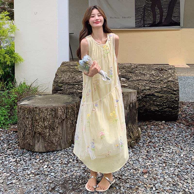 法式网纱刺绣罩衫裙套装女2025夏季新款宽松显瘦背心长裙子两件套,女装连衣裙,浙宝293