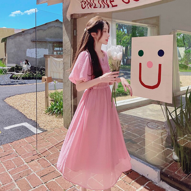 【新款】温柔风粉色泡泡袖连衣裙205A-6622-P110控158,女装连衣裙,浙宝293