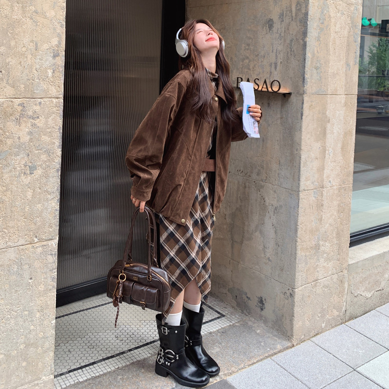 格纹不规则连衣裙套装女秋季2025新款小个子显瘦麂皮绒夹克两件套,女装套装/套裙,浙宝293