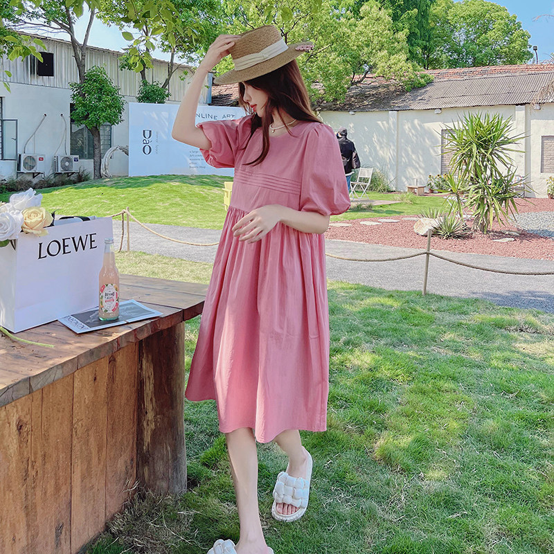 法式甜美减龄泡泡袖连衣裙女2025夏季新款韩版收腰显瘦圆领a字裙,女装连衣裙,浙宝293