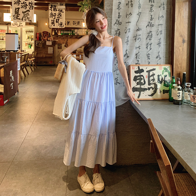 法式甜美条纹吊带连衣裙套装女2025夏季新款显瘦针织罩衫裙两件套,女装连衣裙,浙宝293
