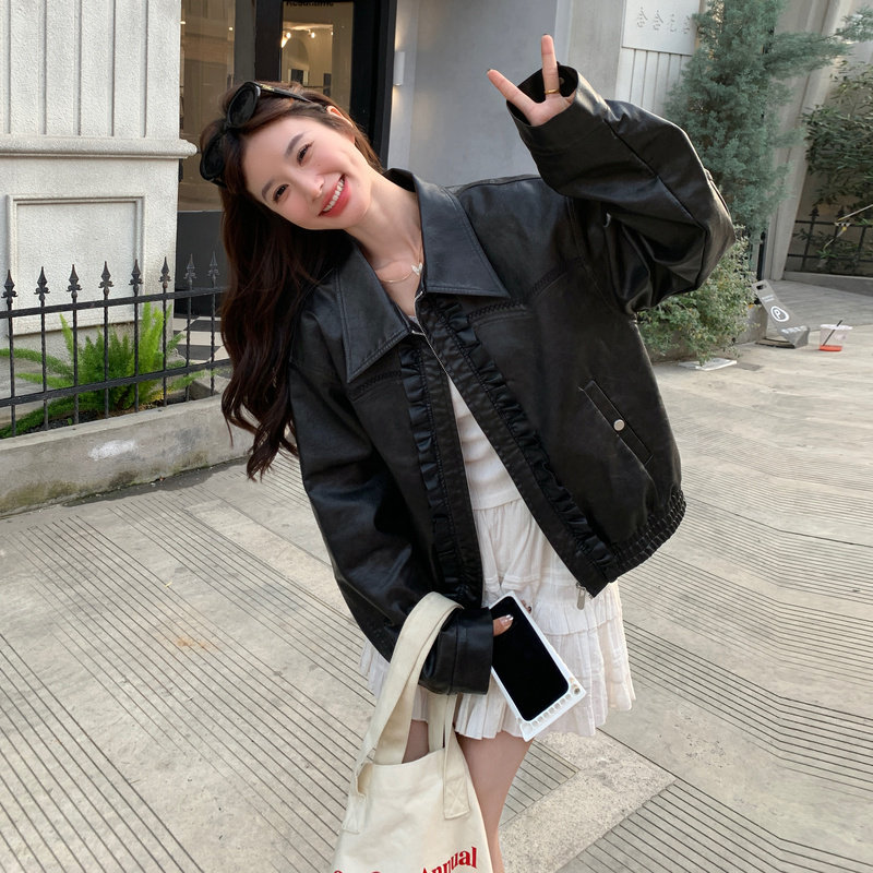 黑色甜酷复古设计感环保皮衣外套女2025秋季新款高级感机车服夹克,女装短外套,浙宝293