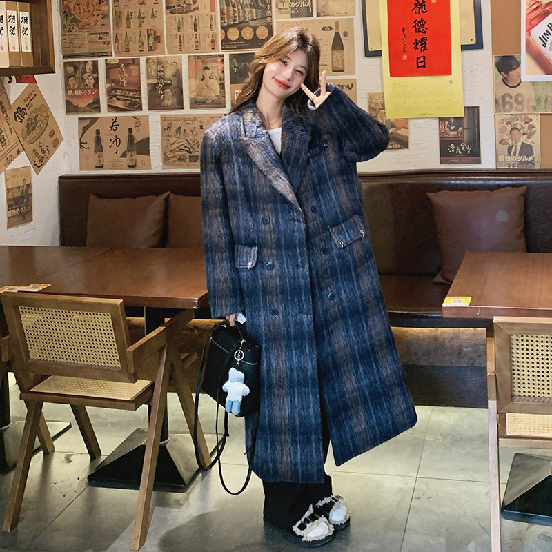 【新款】24冬韩系灰蓝格纹毛呢大衣293-212-P195控288,女装毛呢外套,浙宝293