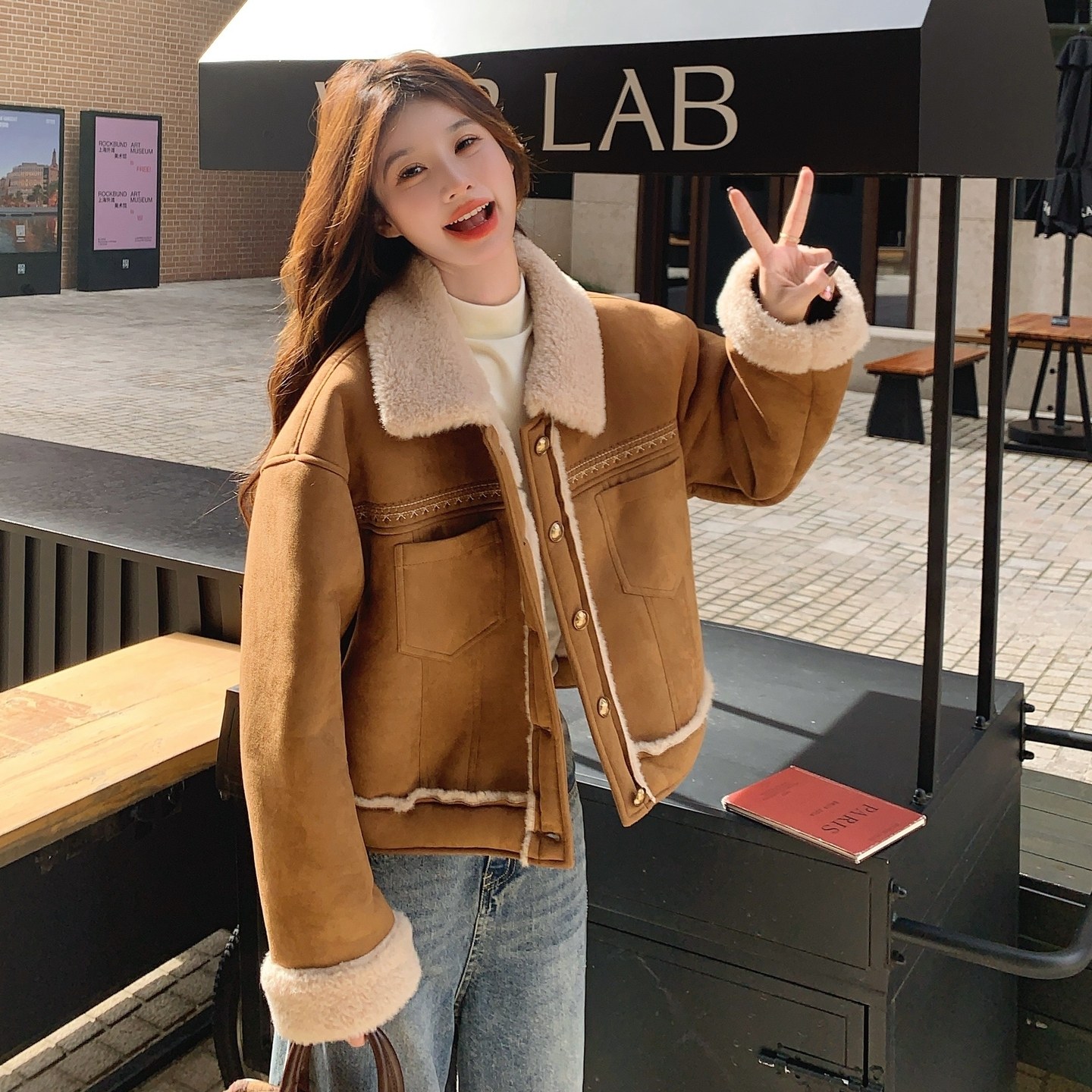 皮毛一体复古麂皮绒外套女2025冬季新款超好看复古小个子短款棉服,女装毛呢外套,浙宝293