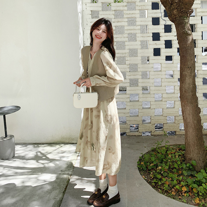 显瘦连衣裙长裙女设计感v领法式碎花2025新款春秋马甲气质,女装连衣裙,浙宝293